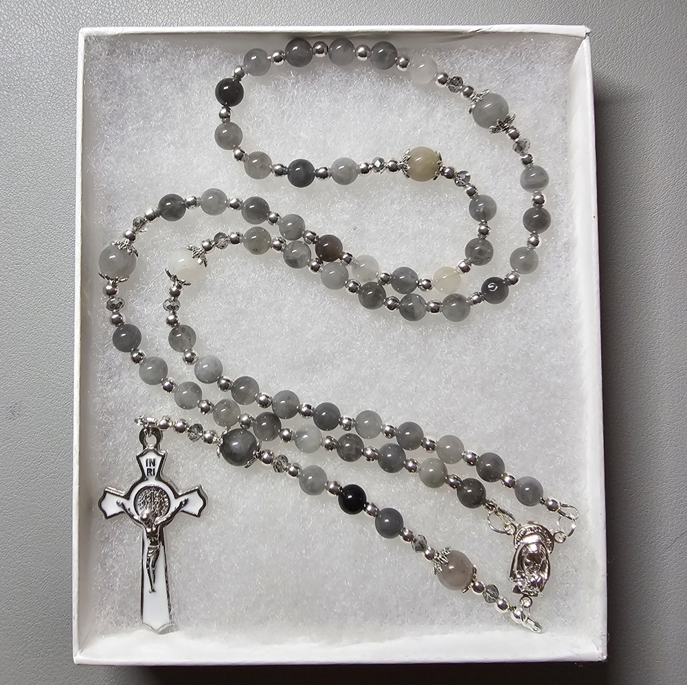 One Of A Kind Hand Crafted Rosary Made With Natural Cloudy Quartz